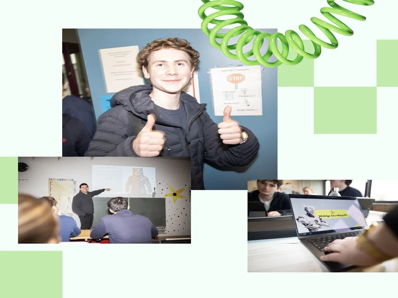 In einer Bildcollage sind Fotos aus einer Schule zu sehen sowie ein grünes Haarband.